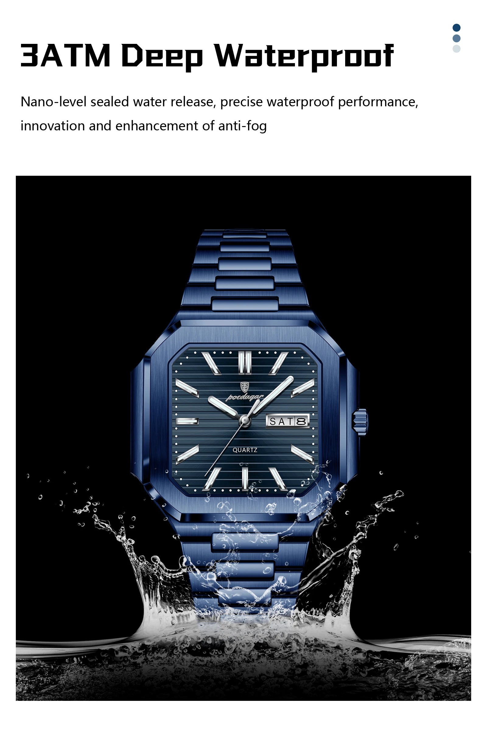 Montre Carrée Luxe Homme Poedagar – Quartz Étanche Lumineuse Date Semaine Acier Inoxydable Fashion