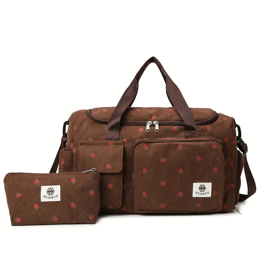 Sac de Voyage Fraise Velours Côtelé – Grande Capacité Bandoulière Léger Sport Fitness Bagage