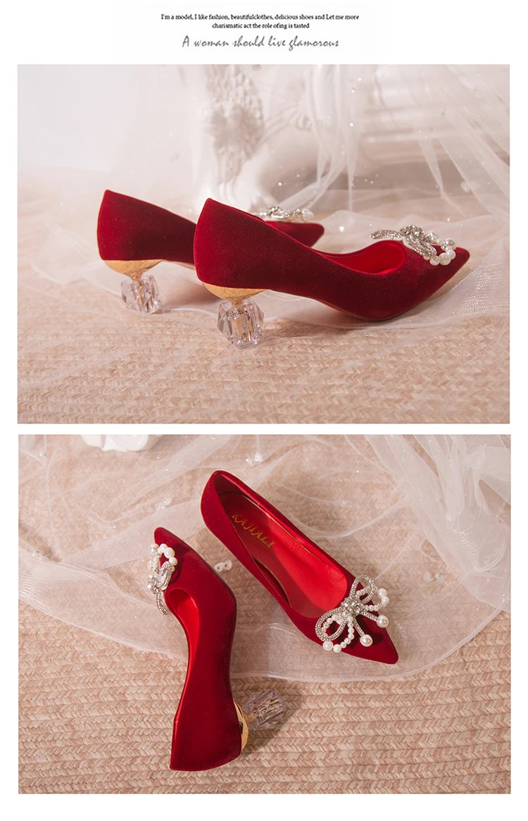 Chaussures Mariée Perle Talon Épais Bout Pointu – Xiuhe Robe Mariage Confortables