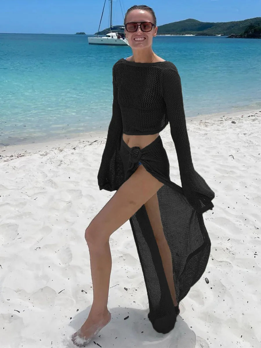 Ensemble 2 Pièces Tricoté Ajouré Femme – Top + Jupe Portefeuille Fente Élégante | Été Plage Vacances