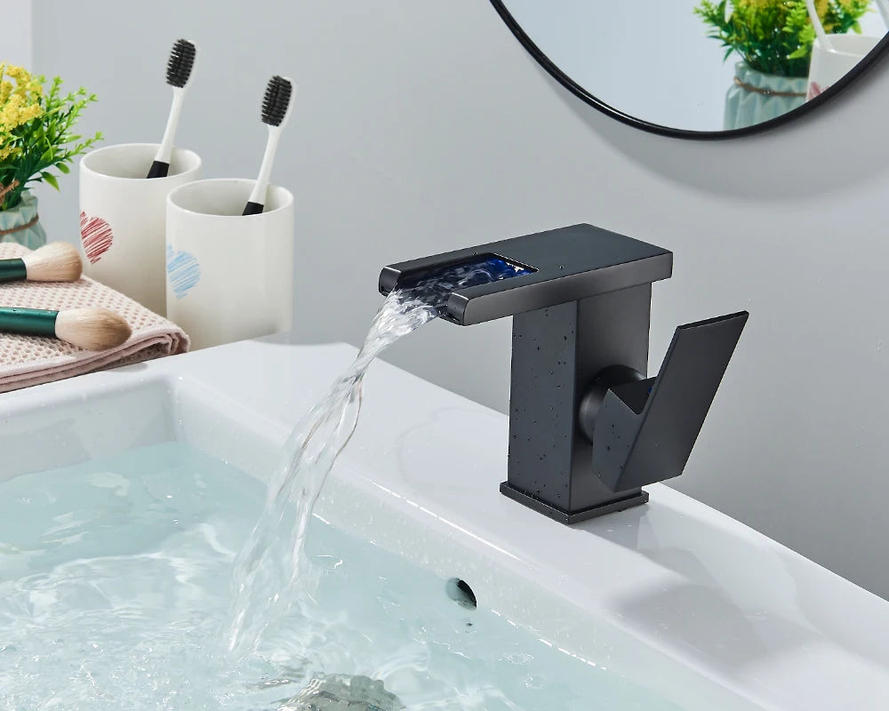 Rozin Robinet Lavabo Noir LED Cascade Hydroélectrique – Mitigeur Eau Chaude & Froide, Lumière LED Automatique | Vasque Design