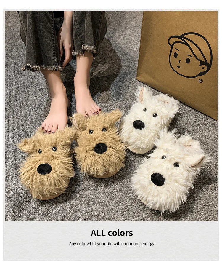 Chaussons Chien Cartoon Plush Hiver Femme – Coton Chaud Non-Slip Intérieur Maison