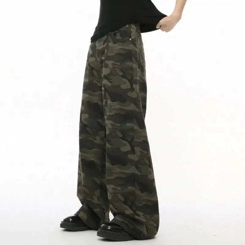 Jean für Herren, Camouflage, Vintage, Washed, weites Bein, Denim, Loose Fit, Casual, Herbst Winter, Hellblau, Streetwear, Trend, Komfortabel – Premium Camo Wide Leg Jeans | Herrenmode Denim Premium Streetwear