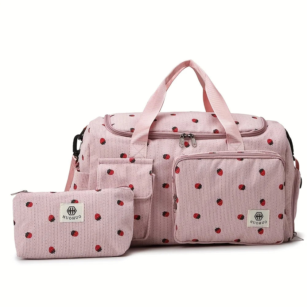 Sac de Voyage Fraise Velours Côtelé – Grande Capacité Bandoulière Léger Sport Fitness Bagage