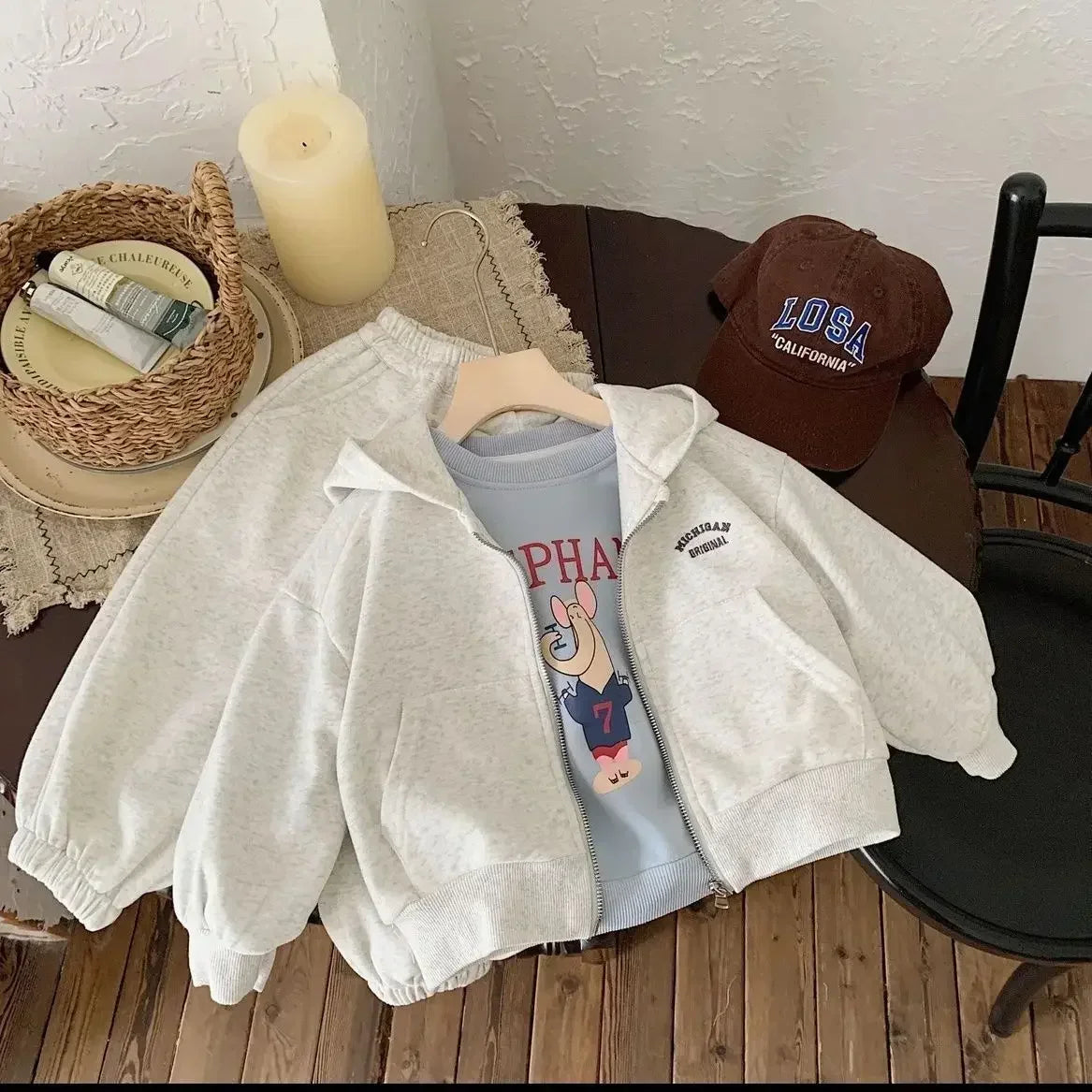 Ensemble 2 Pièces Enfant Coton Zippé à Capuche + Pantalon – Style Coréen Lettre Casual Printemps Automne