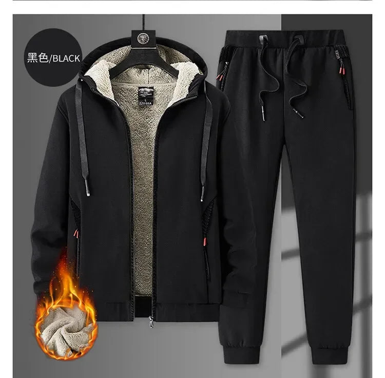 Ensemble Homme Cashmere Tracksuit Hiver – Veste + Pantalon Polaire Épaisse Capuche Chaud
