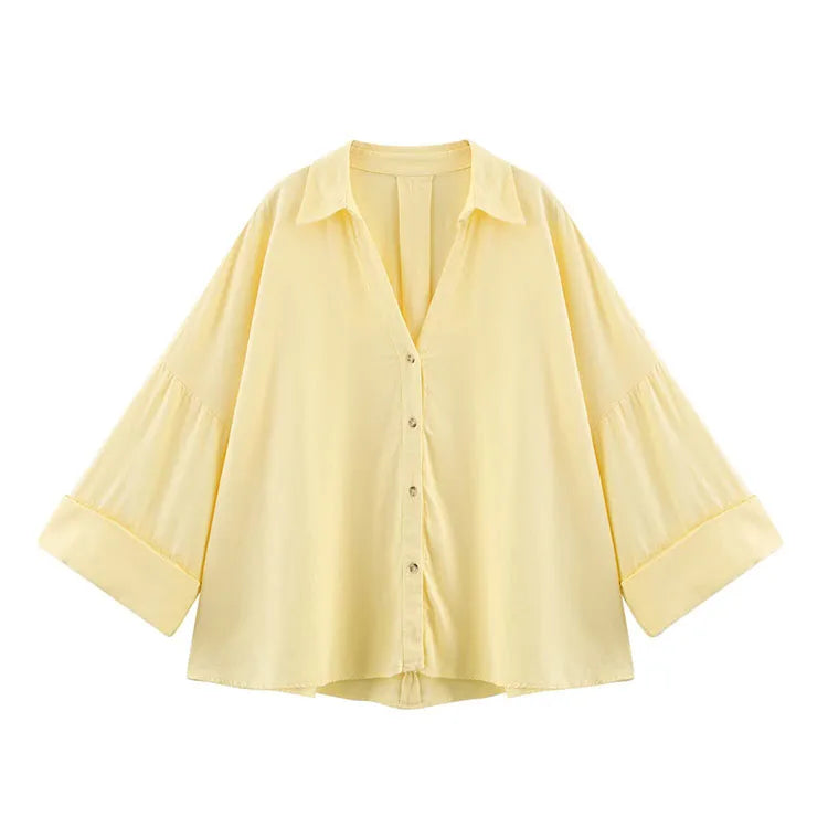 Chemise Femme Manches Larges Col Johnny – Ourlet Asymétrique & Boutons | Style Casual Chic Printemps