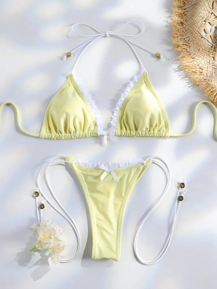 Bikini Femme 2 Pièces Imprimé Floral Micro Tanga Bandage Sexy – Maillot de Bain Été & Plage | 2026