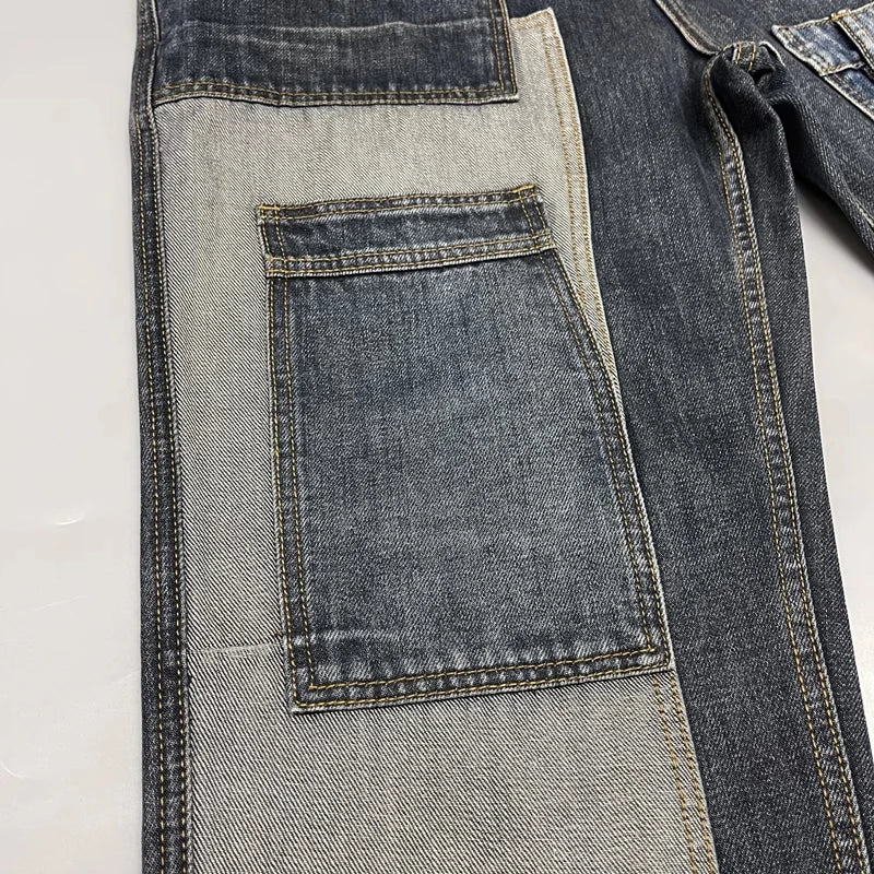 Gerade geschnittene Jeans Patchwork Streetwear 2025 – Japanische Skater-Passform mit mehreren Taschen in großen Größen