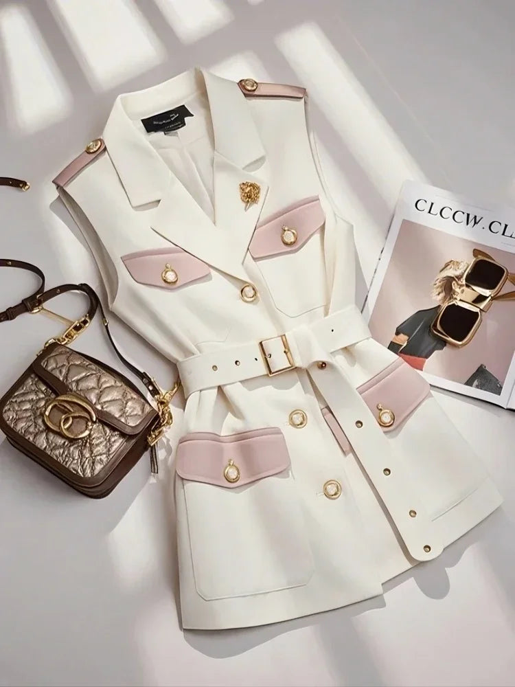 Gilet Blazer Femme Sans Manches Color Block Café Rétro Élégant – Veste Tailleur Bureau Casual Chic Printemps Été | Mode