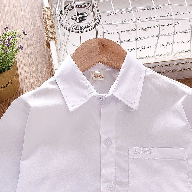 Chemise Garçon Manches Longues Col Rabattu Poche Épaule – Chemise Blanche Confortable Printemps Automne Enfant