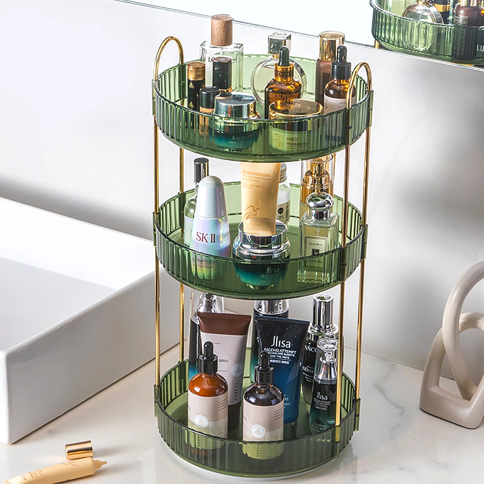 Organisateur Maquillage Rotatif 3 Niveaux Transparent – Grande Capacité | Skincare, Parfums & Cosmétiques | Coiffeuse & Plan de Travail