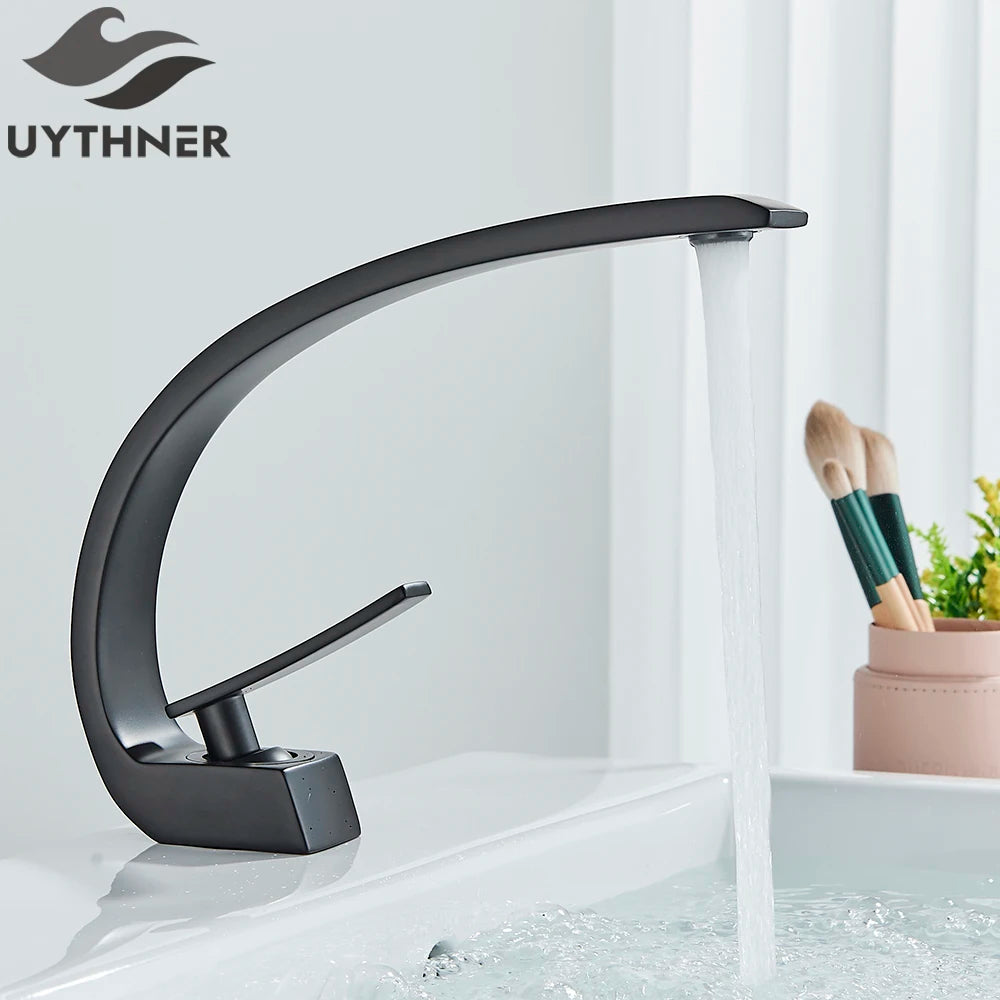 Uythner Robinet Lavabo Noir en Laiton – Mitigeur Mono-Commande 1 Trou | Eau Chaude & Froide Salle de Bain