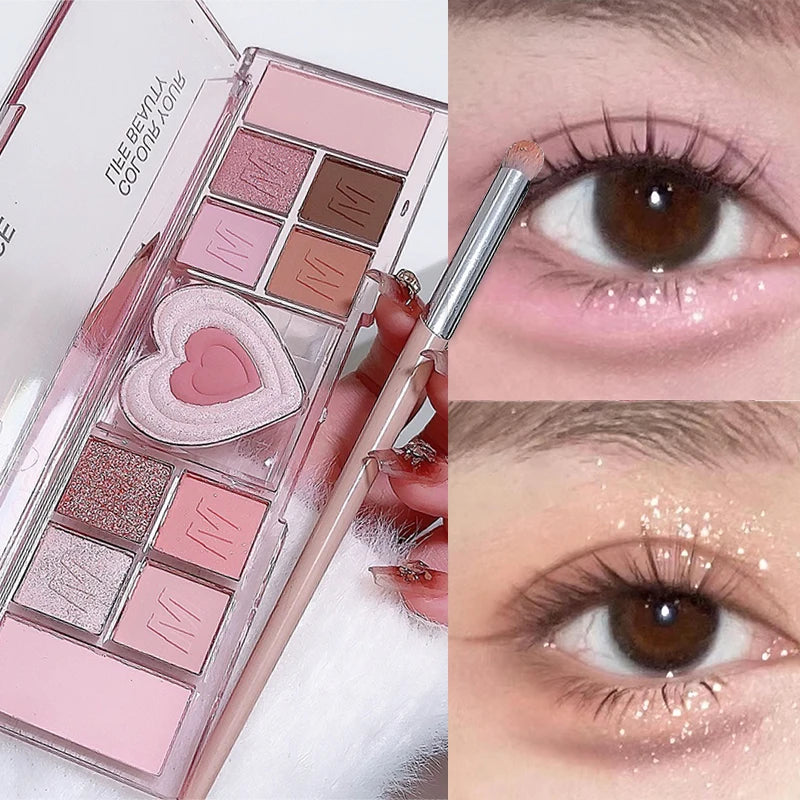 Palette Fards À Paupières 12 Couleurs Coeur Rose – Tons Froids Mat & Brun | Maquillage Coréen Naturel