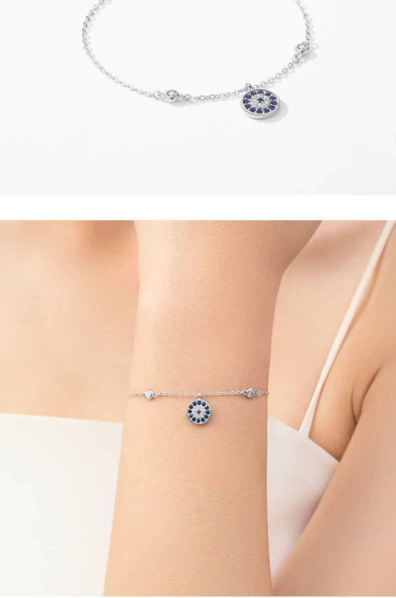 Bracelet Argent 925 Pur MODIAN Luxe – Yeux Turquoise Bleu & Zircon Cubique Cristal Transparent | Bijou Fin Femme Chaîne Maille Élégante & Hypoallergénique