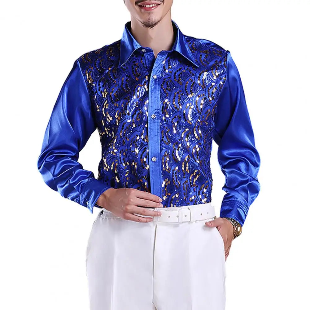 Chemise Homme Luxe Paillettes Scène Mariage Manches Longues Boutonnage Simple – Tenue Formelle Casual Élégante Brillante | Mode Homme Premium