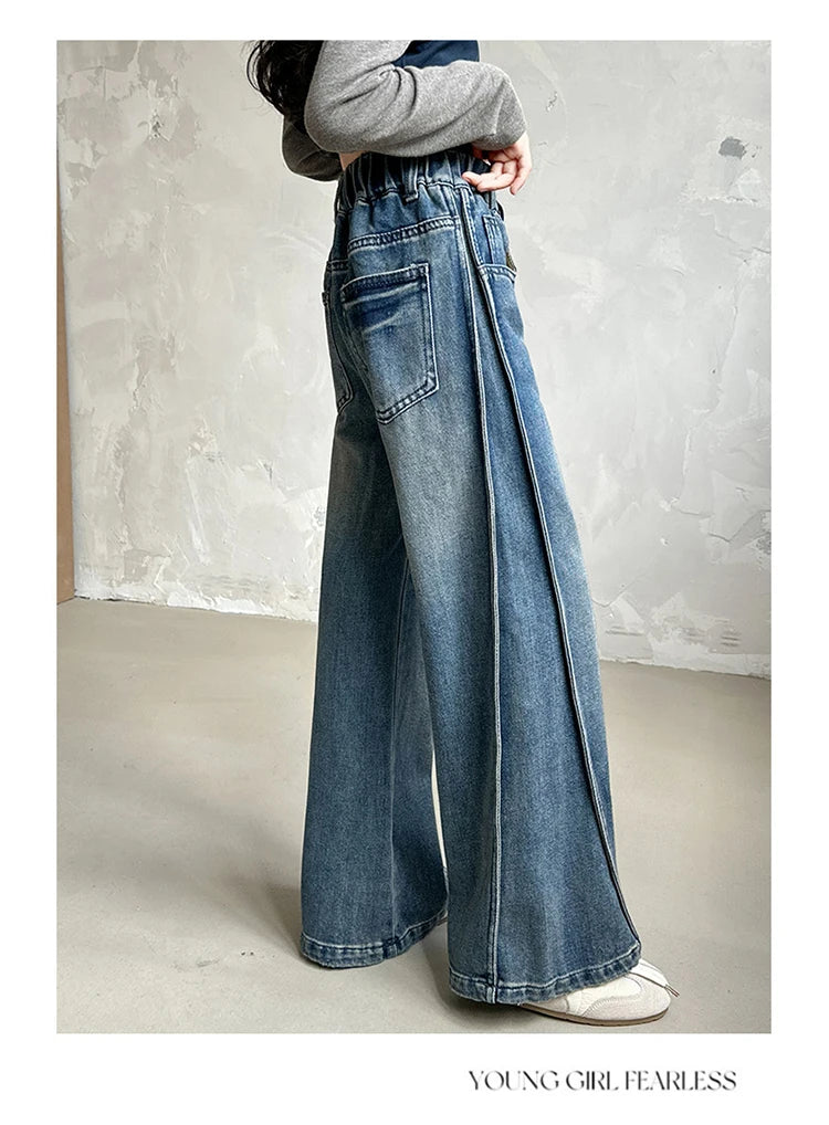 Jean Large Fille Taille Haute Bleu Foncé – Pantalon Denim Jambe Large Retroussable Enfant 4-14 Ans