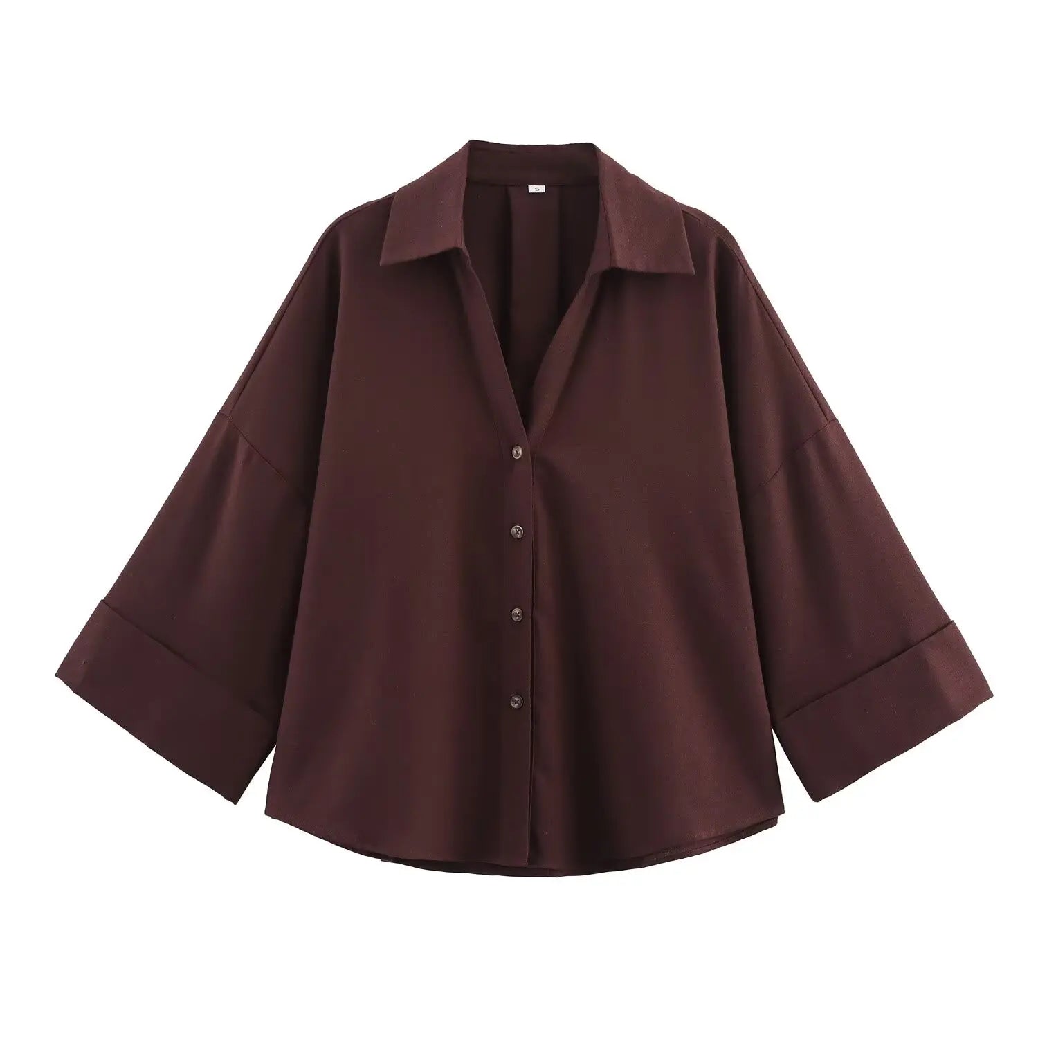 Chemise Femme Manches Larges Col Johnny – Ourlet Asymétrique & Boutons | Style Casual Chic Printemps