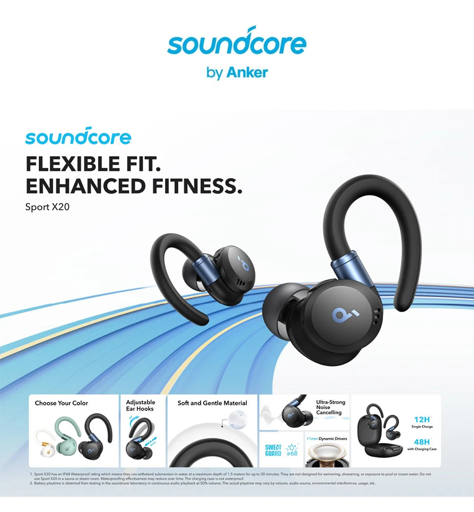 Soundcore Anker Sport X20 Écouteurs Bluetooth True Wireless – Crochets Oreille Sport | Workout & Fitness