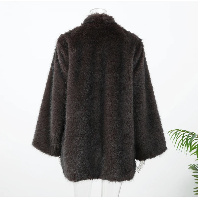 Manteau Femme Mi-Long Fausse Fourrure Col Revers Boutons Cachés Ample Élégant – Overcoat Bureau Chic | Hiver