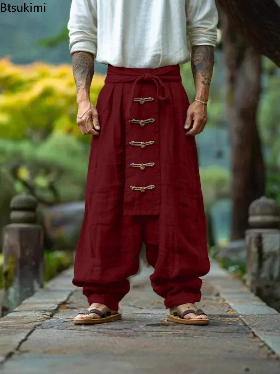 Pantalon Homme Lin Coton Large Ethnique Casual Couleur Unie Lacets Baggy Vintage Streetwear Printemps Été Confortable Léger – Pantalon Boho Premium Jambe Large | Mode Homme Casual Premium