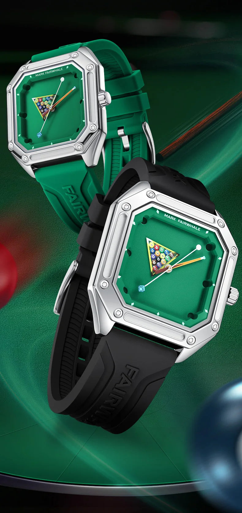 Herrenuhr Mark Fairwhale 5047 Quarz Quadratisch – Leuchtendes Billardzifferblatt Kautschuk Fashion