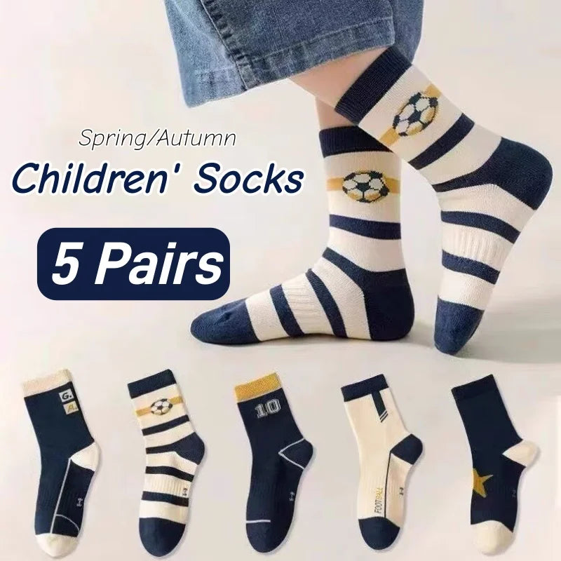 Lot 5 Paires Chaussettes Garçon Coton Rayures Motif Football – Chaussettes Enfant Printemps Automne 1-14 Ans