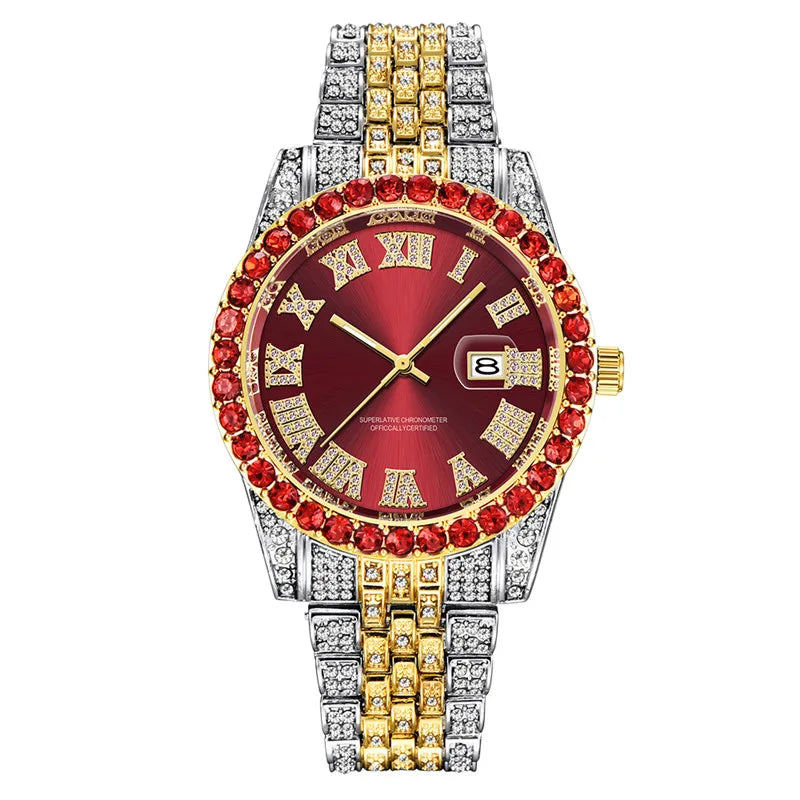 Montre Homme Hip Hop Diamant Fashion Bracelet Alliage Dorée Luxe Date Quartz Tendance Streetwear Bling | Montre Hip Hop Diamant Dorée Premium