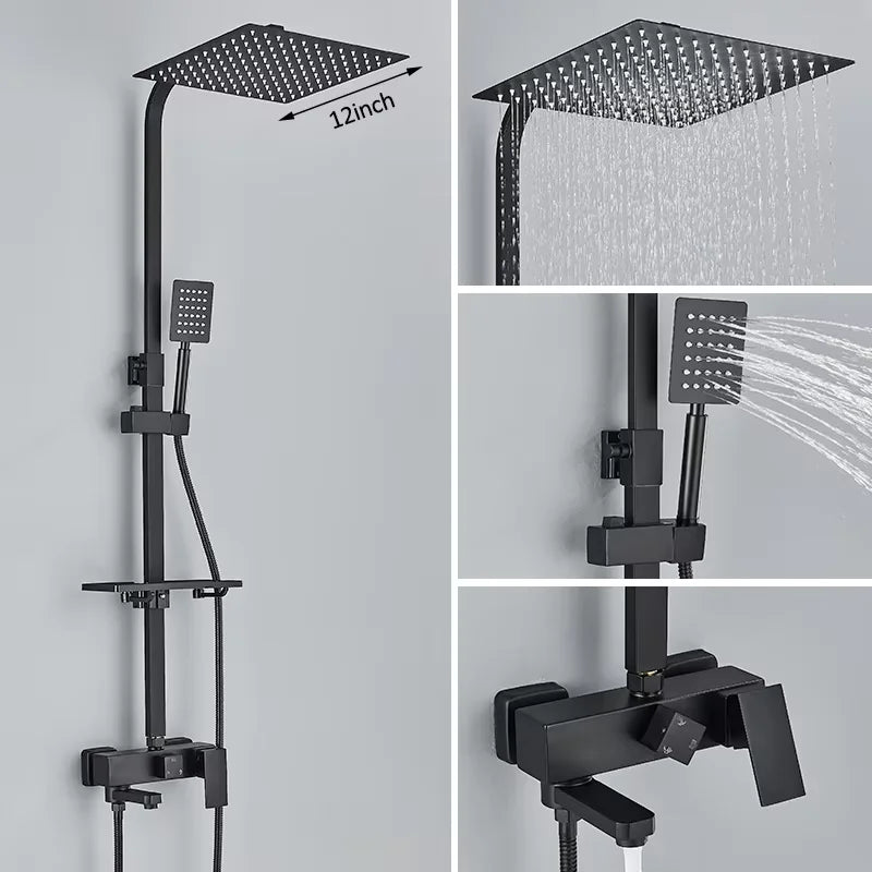 Shinesia Système Douche Pluie Mural – Noir & Chrome, 3 ou 4 Voies, Mitigeur Eau Chaude & Froide | Salle de Bain