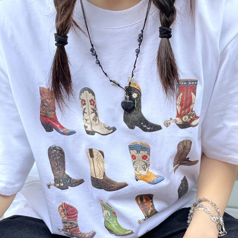 T-Shirt Western Cowgirl Vintage Boho Femme – Imprimé Graphique Texas | Style Hippie Rétro Été