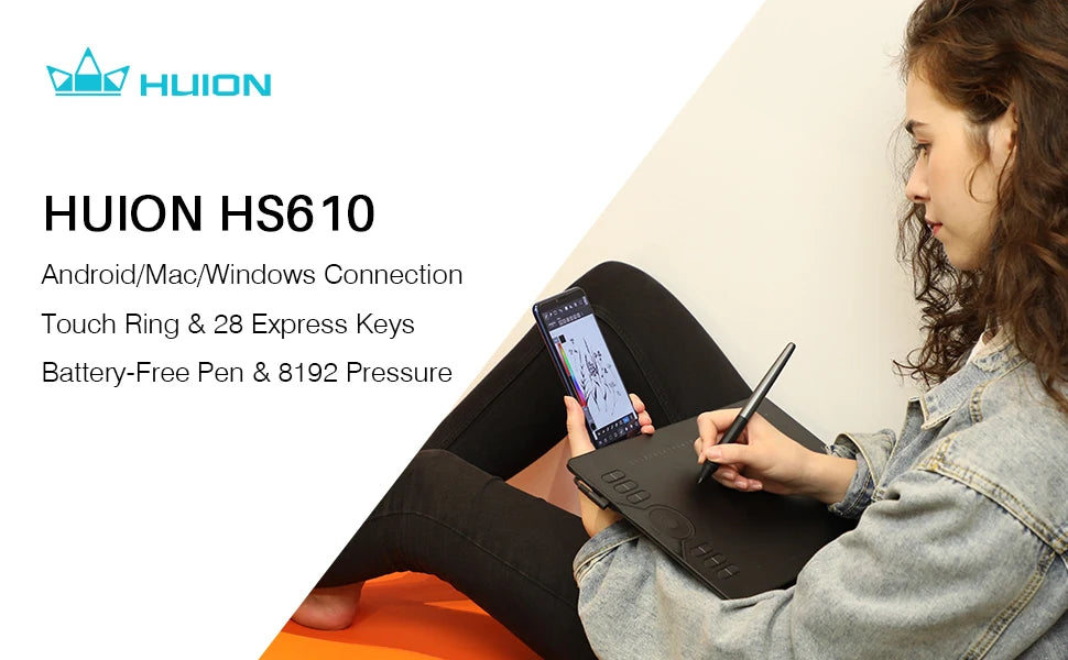 Huion HS610 Tablette Graphique 10x6.25'' – 28 Touches Express, Stylet 8192 Niveaux Sans Pile | Android, MacBook, PC