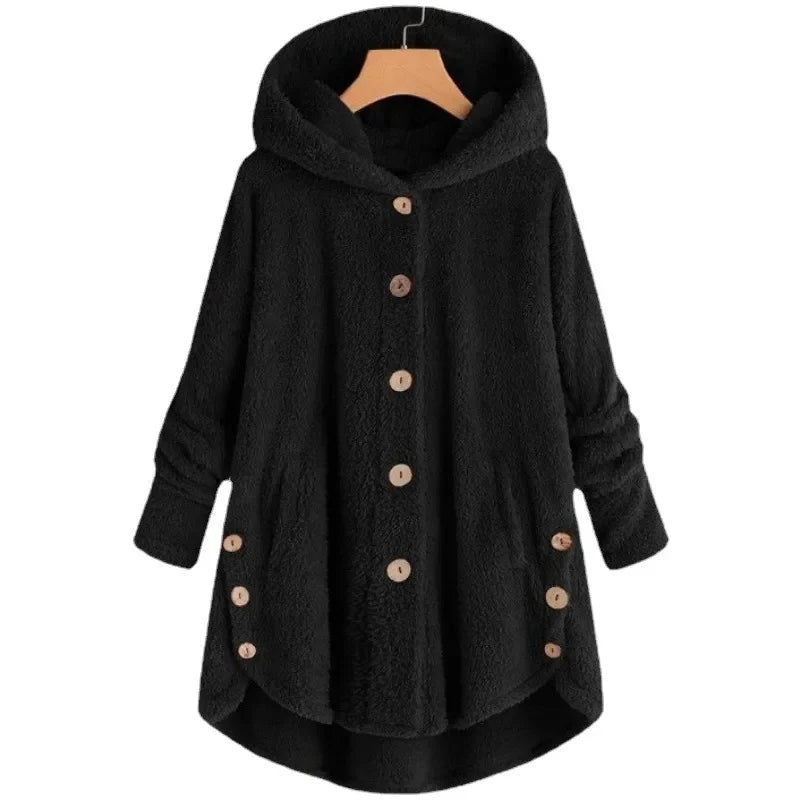 Damen Teddyfell-Mantel mit Kapuze – Warme Fleece-Jacke Unifarben | Herbst Winter Trend