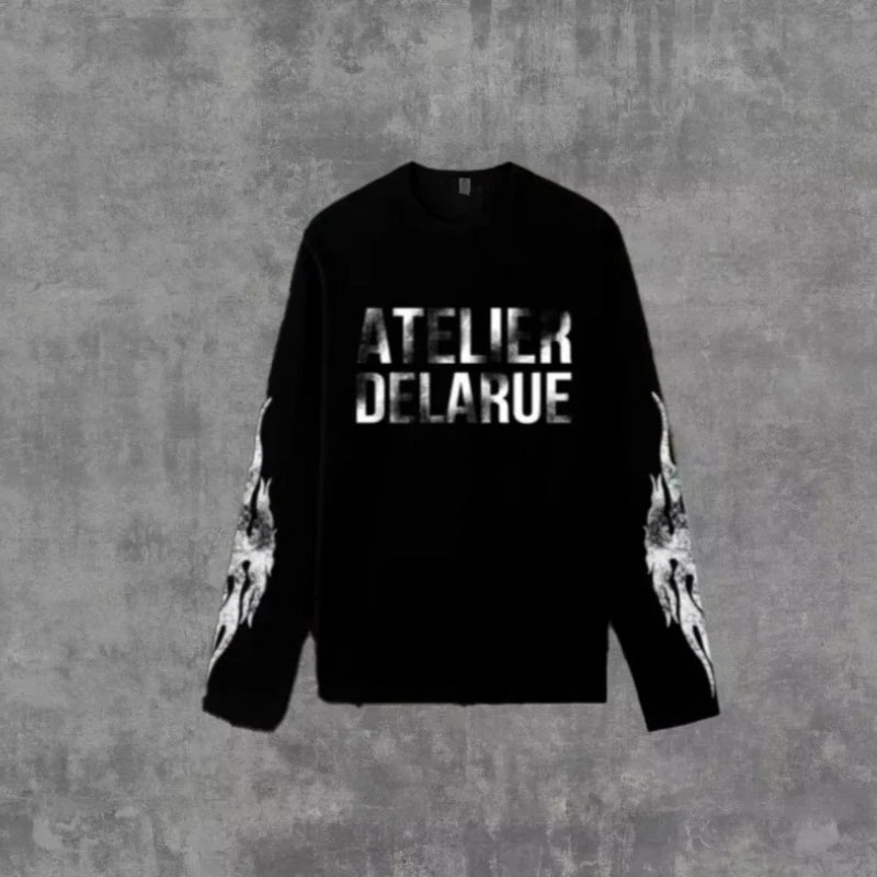 Sweat Unisexe Y2K Harajuku Rétro Manches Longues Imprimé Flamme Lettres Oversize – Streetwear Casual Confortable | Mode Homme & Femme