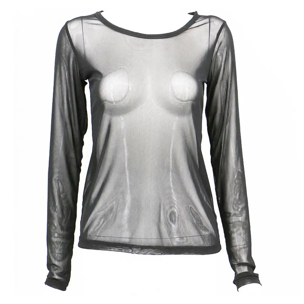 Damen transparentes Mesh-Oberteil Langarm – Rundhals Slim Fit | Punk-Strand-Sommer-Stil