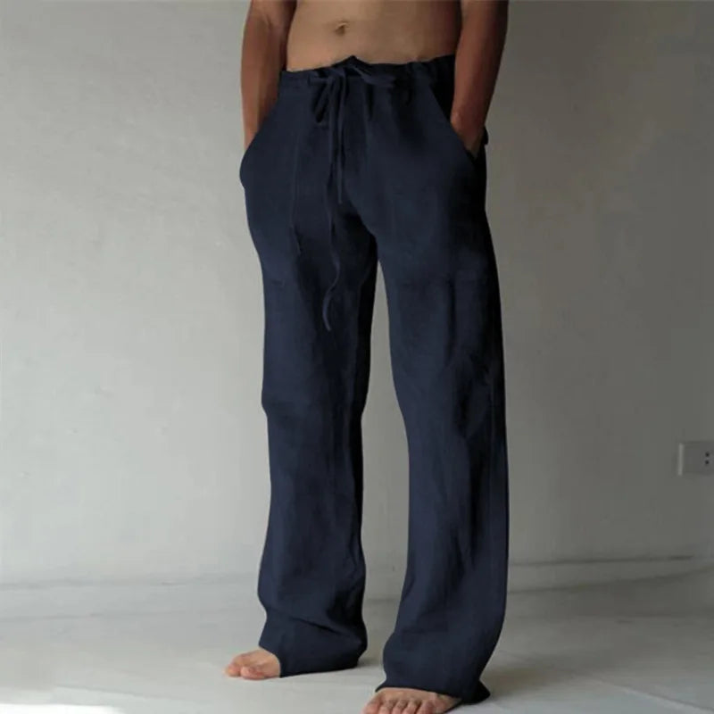 Pantalon Homme Lin Casual Quotidien Couleur Unie Été Longueur Complète Doux Taille Moyenne Poches Cordon Streetwear Confortable Léger – Pantalon Lin Premium Casual | Mode Homme Casual Premium