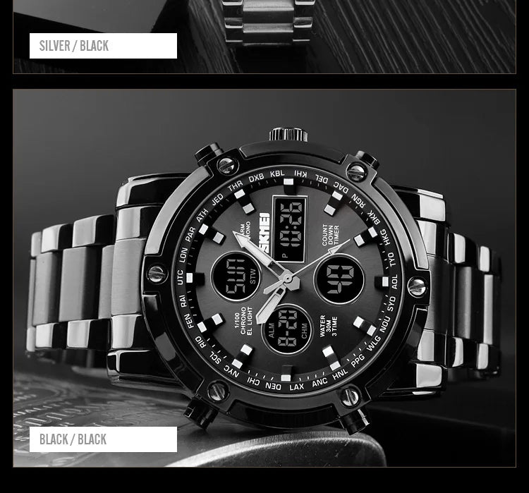 Montre Homme SKMEI Luxe Bracelet Acier 3 Fuseaux Horaires LED Sport Alarme Analogique Digitale Chronomètre | Montre SKMEI Multifonction Sport Luxe Premium