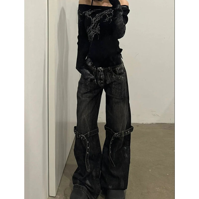 Jean Large Femme Noir Taille Haute Y2K Harajuku Étoiles Hip Hop Streetwear – Pantalon Denim Jambe Large Tendance | Style Coréen