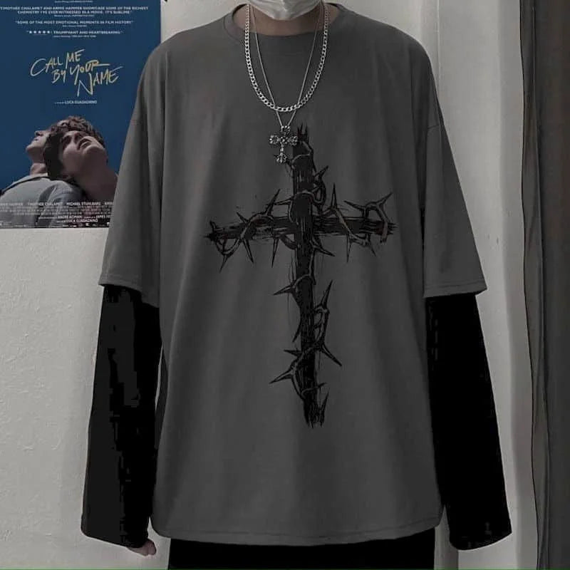T-Shirt Homme Oversize Manches Longues Croix d'Épines Dark Hip-Hop Y2K Gothic Streetwear Été Tendance – Tee Graphique Dark Aesthetic Unisexe | Mode Streetwear Premium