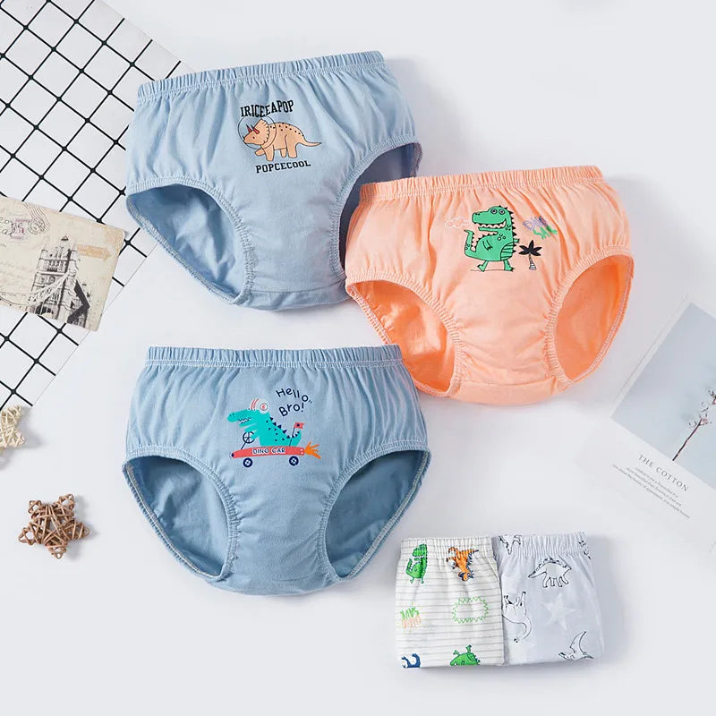 Lot 3 Slips Garçon Coton Imprimé Dinosaure – Sous-Vêtements Respirants Doux 2-14 Ans