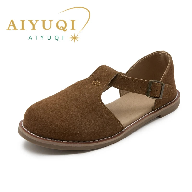AIYUQI Sandales Cuir Véritable Retro Givré Baotou Romain 2026 – Hollow Flat Femme