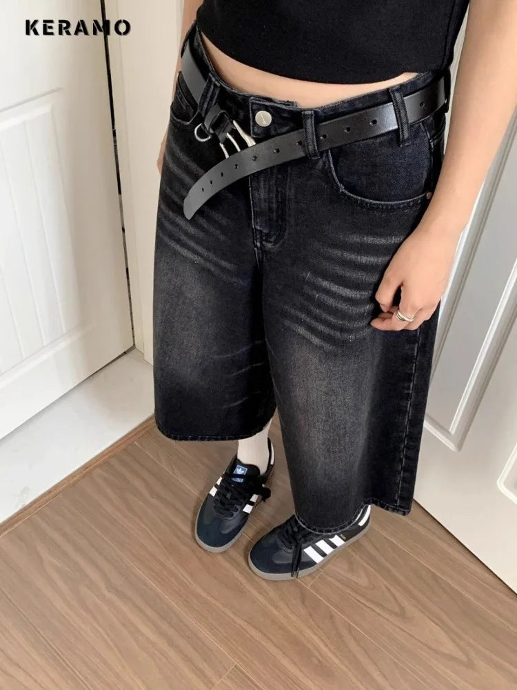 Short Jean Femme Taille Haute Noir Vintage Harajuku Y2K Streetwear – Denim Lavé Loose Casual Mi-Long | Mode