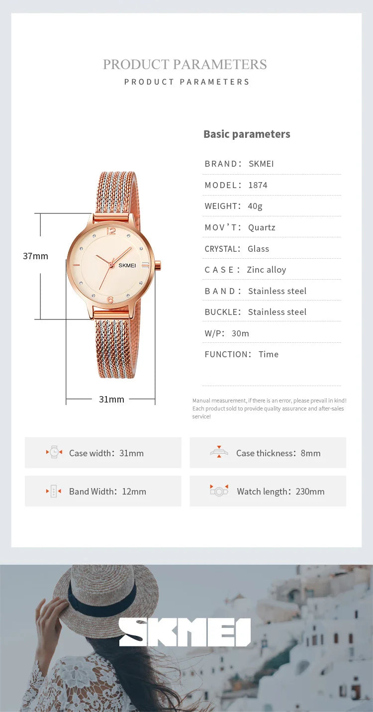 Montre Femme SKMEI 1874 Quartz Japonais Bracelet Acier Inoxydable – Fashion Luxe Élégante