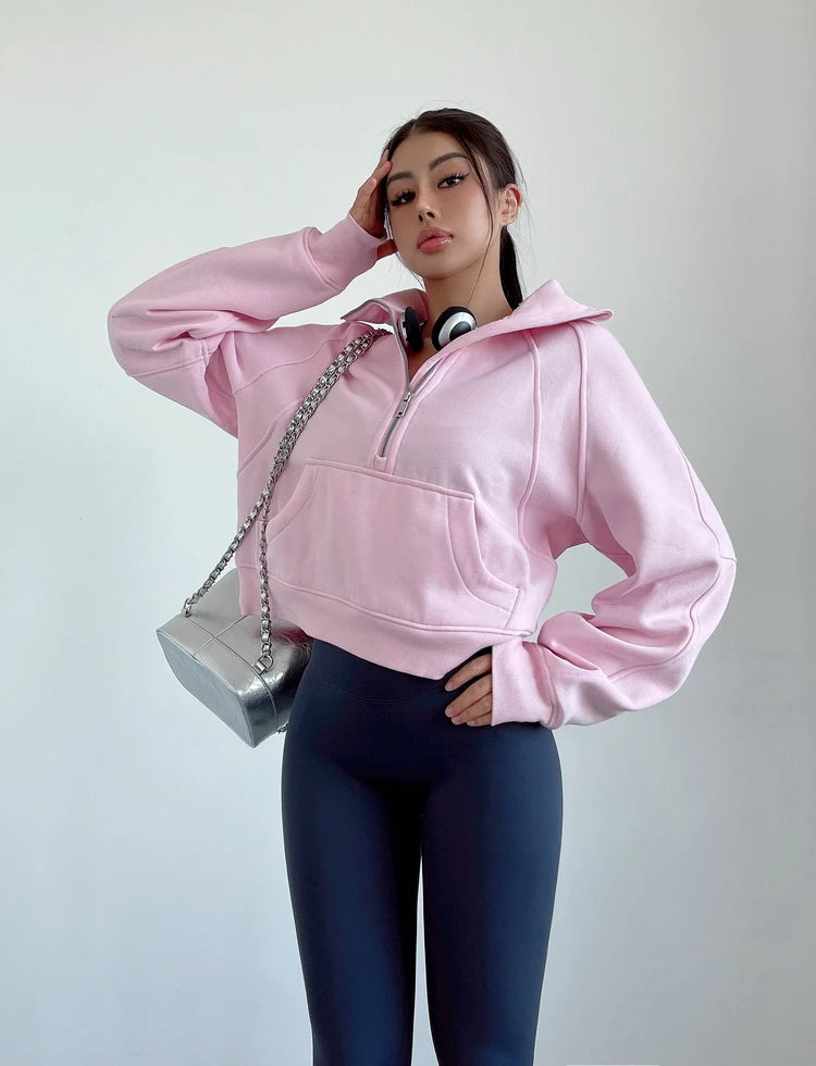 Sweat Femme Oversize Zip Polaire – Hoodie Streetwear Chaud Casual Rose Blanc