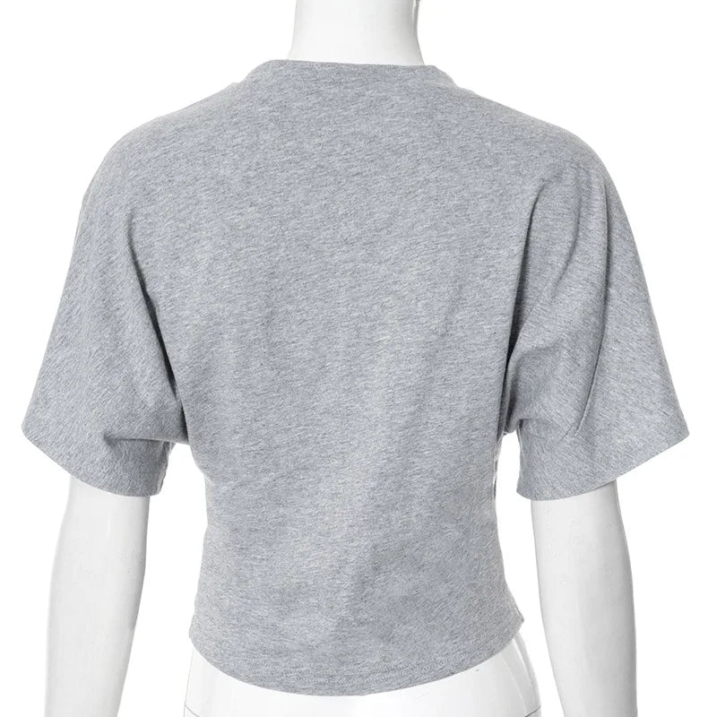 T-Shirt Crop Top Femme Gris Col Rond Style Corset – Casual Solid Streetwear | Printemps Été