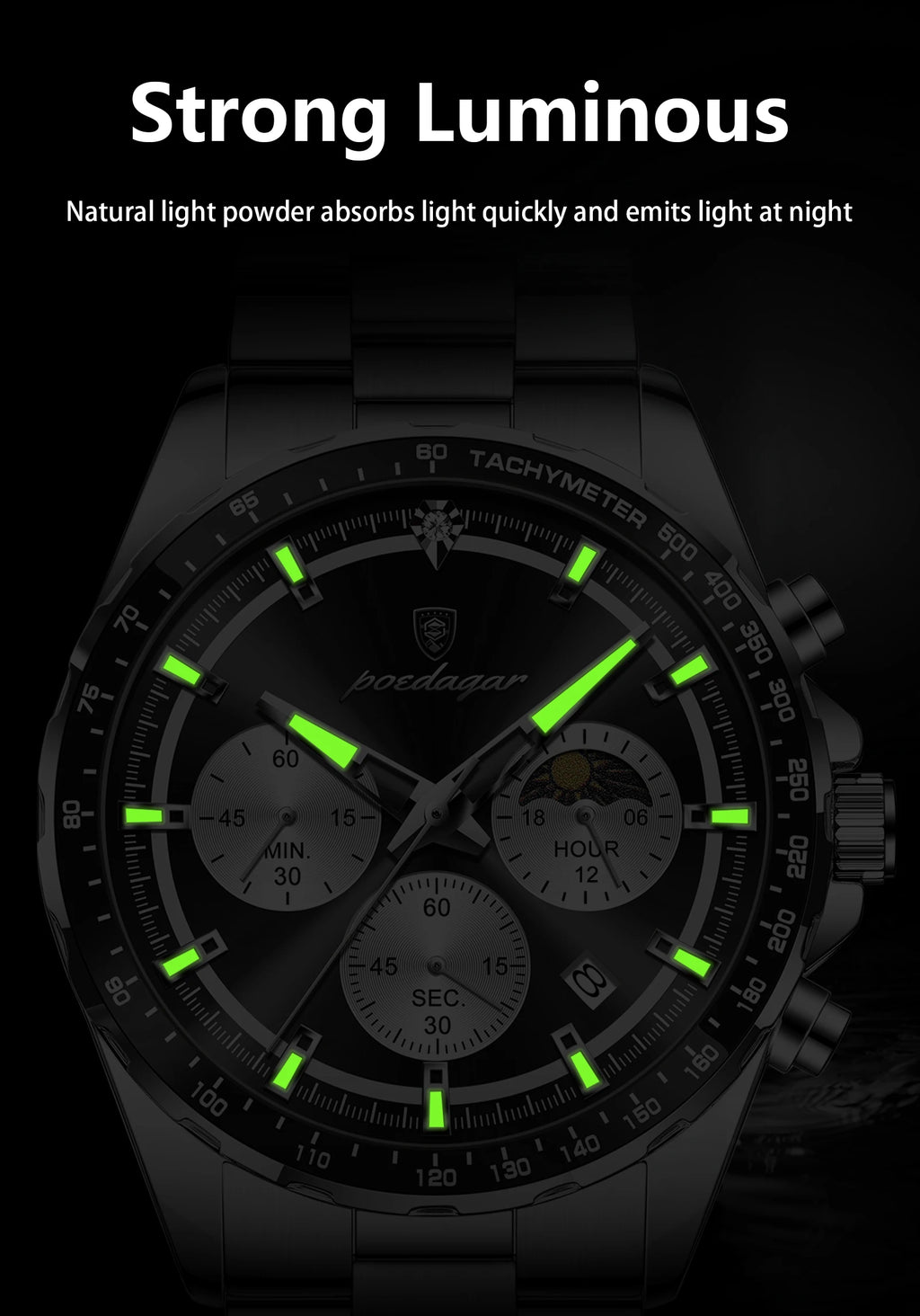 Montre Homme POEDAGAR Business Quartz Chronographe – Acier Lumineux Étanche Date Fashion
