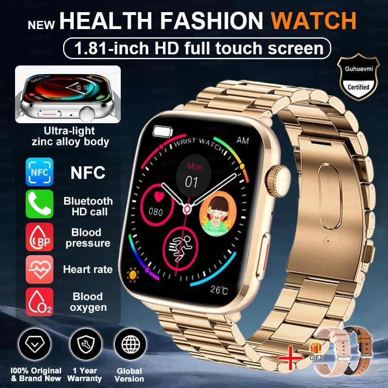 Smartwatch 2025 Unisex Gesundheit NFC Bluetooth – Blutdruck Sauerstoff Sport Anrufe | Herren & Damen