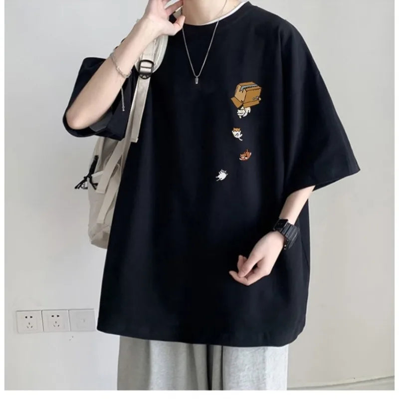 T-Shirt Oversize Unisexe Korean Fashion Imprimé Chaton Cartoon Vintage Américain Manches Courtes Loose Tendance Couple Streetwear Grande Taille M-8XL – Tee Shirt Kawaii Premium | Mode Couple Streetwear Premium