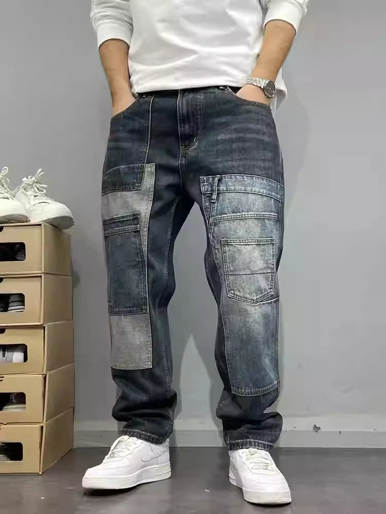 Gerade geschnittene Jeans Patchwork Streetwear 2025 – Japanische Skater-Passform mit mehreren Taschen in großen Größen