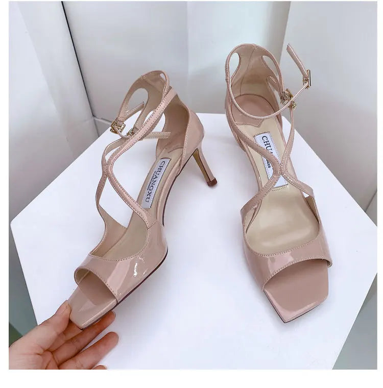 Sandales Gladiateur Sequins Luxe Femme 2025 – Bout Carré Hollow Talon Haut Designer