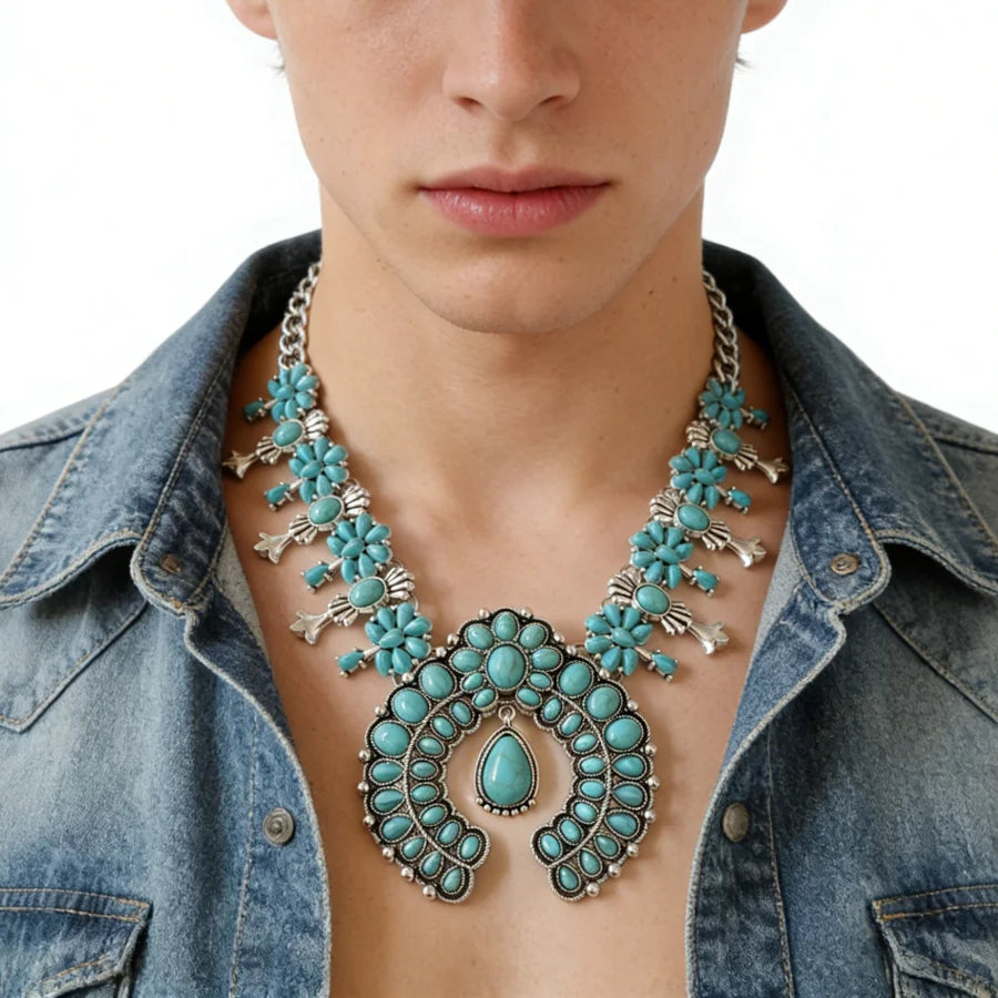 Parure Collier & Boucles Boho Ethnique Turquoise Résine – Pendentif Statement Baroque Retro | Style Indien Vintage | Bijou Femme Tendance 2026